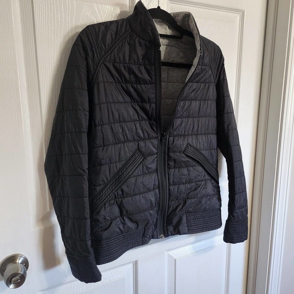 Lululemon The Bomb Bomber Jacket Black / Heathered Medium Grey Sz 6 Reversible - Picture 2 of 10